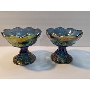 Blue iridescent, Indiana carnival candlestick‎ holders